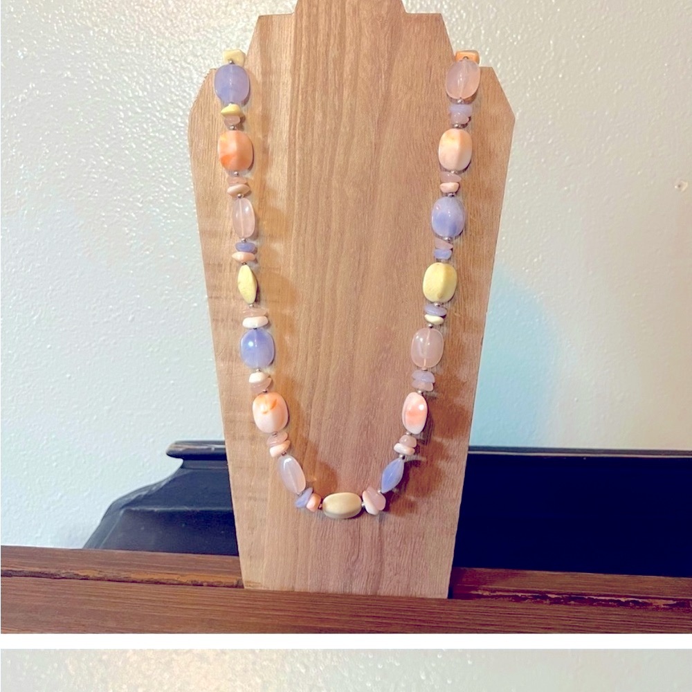 Vintage 1950s necklace blue, peach, cream, molded plastic multi shape bead 28”